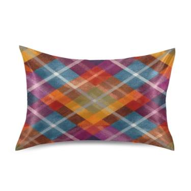 Imagem de Fronha de almofada de seda para pele e cabelo, extra macia, resistente a rugas e desbotamento com fecho de envelope (tamanho padrão, 101,6 x 50,8 cm) | Padrão xadrez