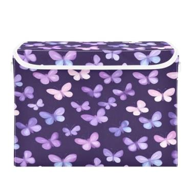 Imagem de WELLDAY Caixa de armazenamento de borboletas de desenho animado com tampas, bancos maiores dobráveis de armazenamento de tecido com alças para sala de estar, sala de jogos, quarto, berçário 40 x 32 x