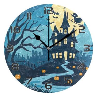 Imagem de YETTASBIN Relógio de parede de castelo de Halloween, silencioso, sem tique-taque, operado por bateria, relógio redondo decorativo criativo para cozinha, sala de estar, banheiro, decoração de