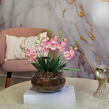 Imagem de Arranjo de Flores Artificiais com Orquídeas em Vaso de Vidro – Decoração para Sala, Mesa, Lavabo e Escritório(Rosa)