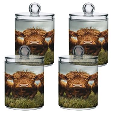 Imagem de STAYTOP 4 frascos de boticário para banheiro com três vacas Highland Cows Qtip – Recipiente de armazenamento de plástico transparente para bola de algodão, cotonete, grão de café