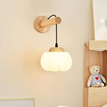 Imagem de Luminária de parede ajustável em madeira com interruptor e cabo, arandela de parede interna redonda com cúpula de vidro laranja, luminária de cabeceira giratória, plugue E27, estilo industri