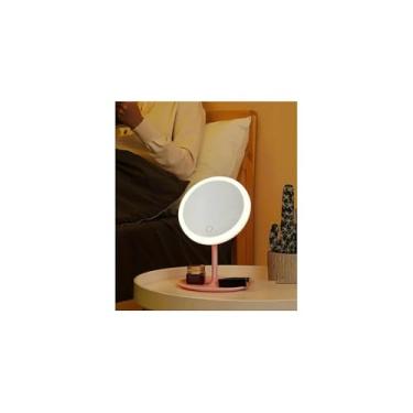 Imagem de Espelho de Maquiagem com LED, USB, Iluminação Fria e Quente, Branco e Rosa, 18cm Diâmetro, 28cm Altura, Portátil, Toque Sensível