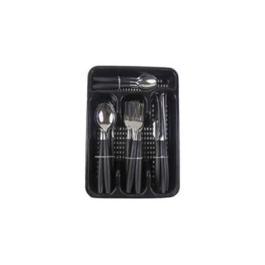 Imagem de Conjunto de Talheres em Aço Inox Preto, 25 Peças, com Porta Talher, Cabos em Polipropileno, 6 Garfos, 6 Facas, 6 Colheres de Mesa, 6 Colheres de Chá