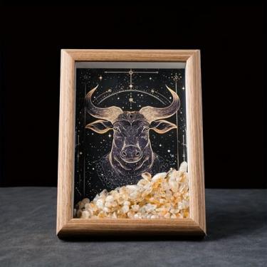 Imagem de Moldura de cristal natural com 12 signos do zodíaco, 12 signos do zodíaco, céu noturno ou decoração de parede, meditação Yoga Reiki presente de aniversário - Touro - Citrino