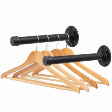 Imagem de Suporte de parede para roupas, rack de roupas de tubo industrial para pendurar roupas, rack de ferro fundido resistente para organizadores de guarda-roupa, varões de armário DIY (preto, pacote com 2