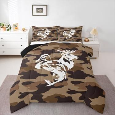 Imagem de Feelyou Jogo de cama queen camuflado de veado, pato e peixe, caça, tamanho Queen, para meninos, crianças, adolescentes, casa de fazenda, marrom, camuflagem, com 1 edredom e 2 fronhas