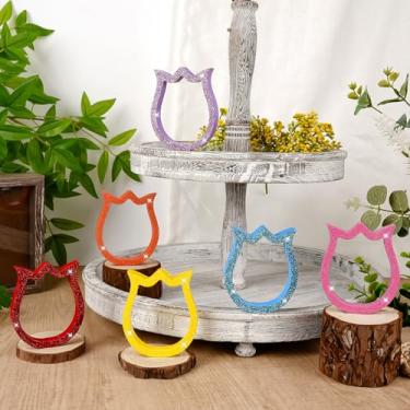 Imagem de COCHIE Decorações de primavera de flores de madeira para casa, blocos de flores, bandeja em camadas, conjunto de 6, vermelho, rosa, azul, amarelo, decoração de primavera para mesa, escritório, festa,