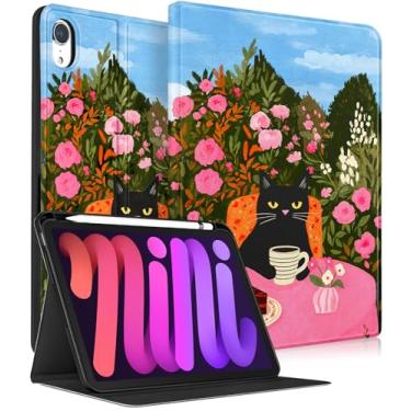 Imagem de Wazzasoft for iPad A17 Pro (Mini7) Case 2024/Mini 6 Case 2021 8.3 Inch - Smart Folio Cover (Auto Wake/Sleep) with Build-in Pencil Holder for Apple Tablet Cover for Women Girls,Black Cat