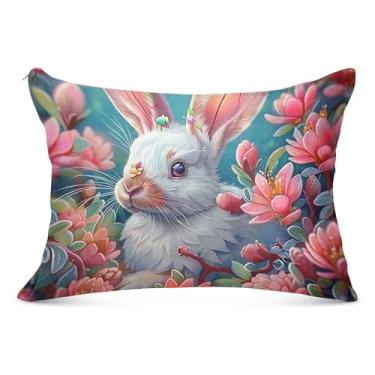 Imagem de Fronha decorativa de coelho branco flor rosa com zíper padrão king queen size fronha presentes modernos fronha, tamanho padrão, 50,8 cm x 66 cm