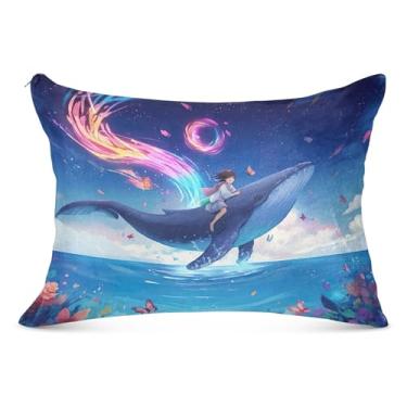 Imagem de Capas de travesseiro de flanela floral de baleia azul de desenho animado com estampa decorativa King Queen tamanho padrão, tamanho padrão, 51 x 66 cm