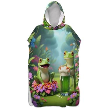 Imagem de Joisal Cute Frog Green Surf Poncho Adulto Trocador Roupão de Secagem Rápida Poncho Masculino com Capuz Toalha de Natação