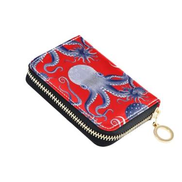 Imagem de Carteira feminina pequena e fofa com porta-cartões com bloqueio de RFID, gradiente, azul, polvos, vermelho, zíper e bolsa para moedas