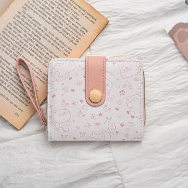 Imagem de Carteira feminina compacta de gato rosa, estilo curto, organizador diário para moedas e cartões com alça de pulso
