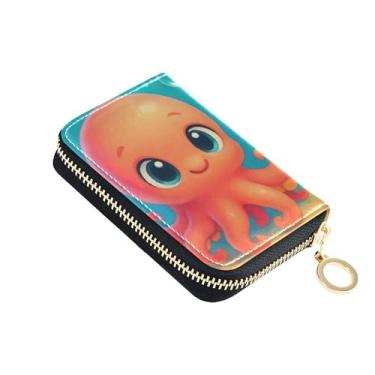 Imagem de Carteiras de cartão de crédito com bloqueio de RFID carteira feminina de couro pequena bolsa de moedas com zíper fofo polvo azul rosa