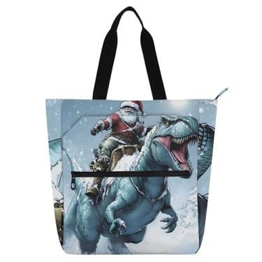 Imagem de Sacolas femininas de Natal T Rex Papai Noel para trabalho lona praia livro bolsa zíper bolsas médias amantes de livros presentes