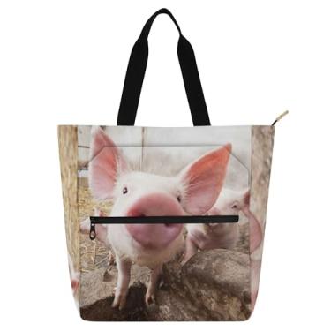 Imagem de GAIGEO Bolsa feminina de lona para trabalho de carne de porco silhueta de porco com zíper bolsa de professor com compartimentos