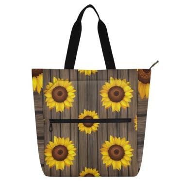 Imagem de GAIGEO Bolsa de mão de madeira marrom girassóis amarelos para mulheres e crianças com zíper, trabalho, escola, livro, estampa floral, bolsa reutilizável