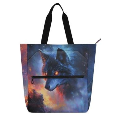 Imagem de GAIGEO Bolsa de ombro reutilizável com pintura de animais de lobo para crianças e mulheres, escola, trabalho, viagem, zíper