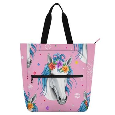 Imagem de Sacola rosa colorida cavalo branco para crianças e mulheres livro de trabalho escolar sacola com zíper resistente à água bolsa de tecido impresso