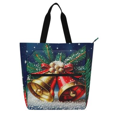 Imagem de Sinos de Natal, neve, inverno, trabalho, bolsas femininas de lona, escola, com zíper, bolsas médias, presentes para amantes de livros