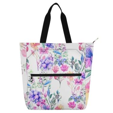Imagem de GAIGEO Sacola branca de flores silvestres em aquarela para mulheres e crianças, escola, trabalho, viagem, reutilizável, bolsa com zíper