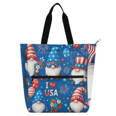 Imagem de Lindos Gnomos Bandeira Americana Azul Bolsas de Trabalho para Mulheres Sacola Lona Praia, Escola, Bolsa Utilitária, Escritório, Presente para Amantes de Livros