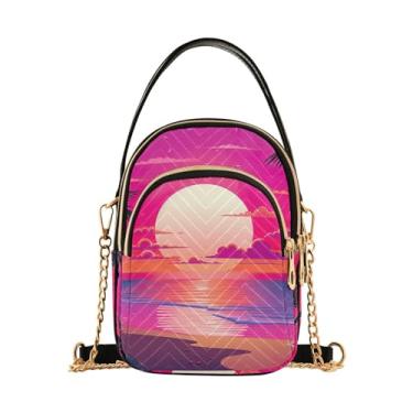 Imagem de Bolsa de ombro feminina tropical, pôr do sol com vegetação, bolsa tiracolo com três zíperes para mulheres, Praia tropical pôr do sol com vegetação - 1, One Size