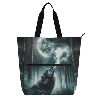 Imagem de GAIGEO Sacola feminina com estampa de lobo uivando para trabalho, praia, livro, bolsa com zíper, reutilizável, para amantes de livros