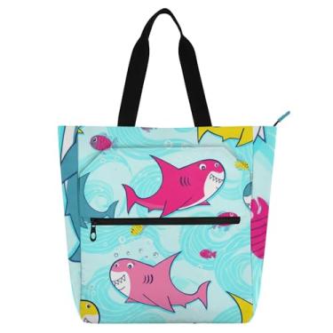 Imagem de Lindos tubarões de desenho animado azul bolsas de trabalho para mulheres bolsa escolar de lona com zíper bolsas médias para amantes de livros presentes