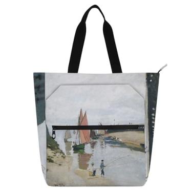 Imagem de GAIGEO Bolsa feminina Claude Monet Le Port de Trouville Low Tide para trabalho em lona escolar bolsa carteiro bolsa carteiro com compartimentos