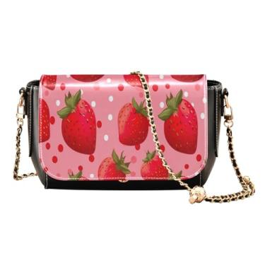 Imagem de Cosmic Tree on Starry Night Sky Bolsa tiracolo de couro com zíper, bolsas femininas de couro, bolsas transversais para mulheres, Morangos vermelhos com pontos-2, One Size