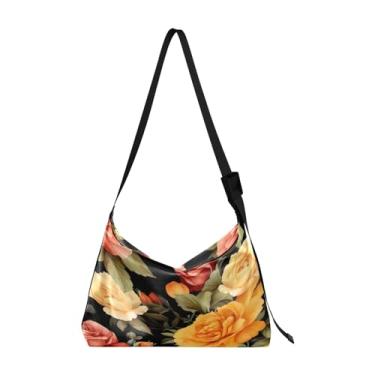 Imagem de Bolsa de ombro de parede pintada de branco e azul, bolsa feminina Hobo, bolsa de couro grande transversal, Flor colorida de rosas laranja e amarelas - 1, One Size