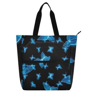 Imagem de Bolsas de trabalho pretas com borboletas azuis brilhantes para mulheres, bolsa escolar de lona com zíper, bolsas para professores, presentes para amantes de livros