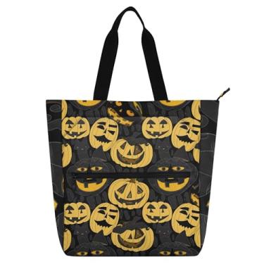 Imagem de Bolsa feminina de trabalho com abóboras de Halloween, amarela, preta, lona, praia, livro com zíper, bolsa para crianças, presente para amantes de livros