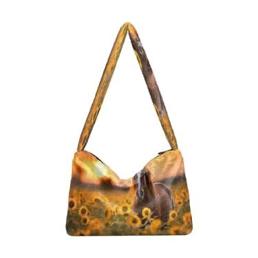 Imagem de Bolsa de ombro verde Monstera tropical com folhas de palmeira, bolsas de ombro, bolsas de mão para livros para mulheres, Cavalo nascer do sol no campo de girassóis - 1, One Size