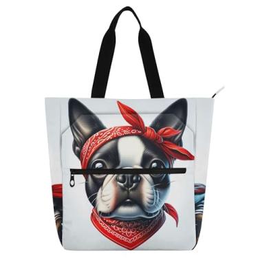 Imagem de GAIGEO Bolsa de trabalho feminina com estampa de cachorro buldogue, bolsa de lona com zíper, bolsa de praia, presente de tecido para amantes de livros