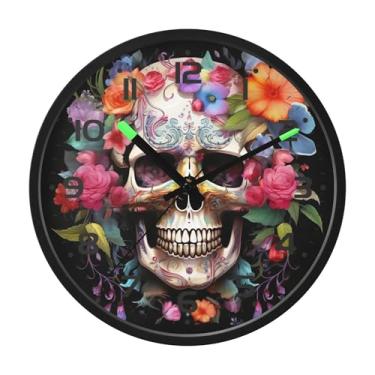 Imagem de SEHANY Relógio artístico de parede de caveira silencioso, sem tique-taque, relógio redondo operado por bateria, controle de som, luz noturna, relógios de parede para sala de estar, cozinha, quarto
