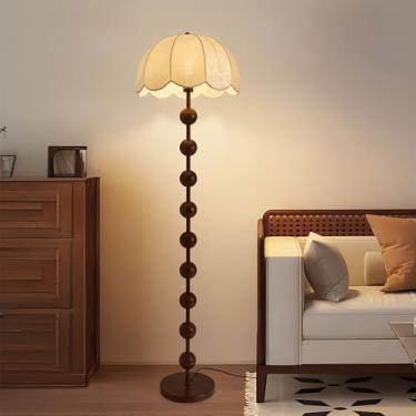 Imagem de Luminária de chão moderna com 3 temperaturas de cor e brilho ajustável, base de metal com acabamento amadeirado, cúpula de tecido para sala de estar, luz LED suave e dimerizável que não agri