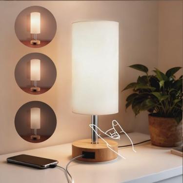Imagem de sailsco Lâmpada de cabeceira com toque regulável, luminária de mesa com portas de carregamento USB A+C, abajur de tecido branco, base de madeira, lâmpada pequena para quarto sala de estar (lâmpada LED