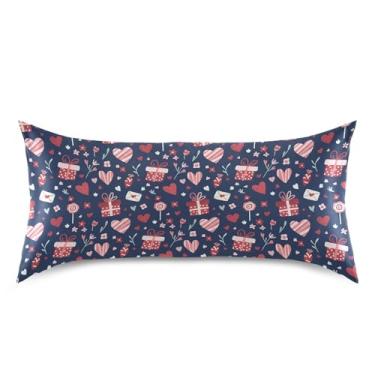 Imagem de Wassud Fronha de cetim para cabelo e pele com coração azul marinho Dia dos Namorados Capas de almofada respiráveis tamanho king size com fecho de envelope