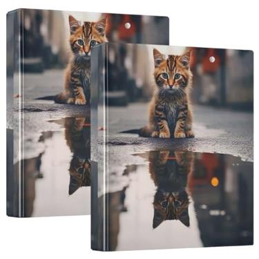 Imagem de Cute Kitten Street Reflection Binders 3,8 cm, 3 anéis, 200 folhas, pastas de portfólio de impressão fofa, anel redondo, fichário de escritório, 31,5 x 27 x 6 cm, 1 pacote