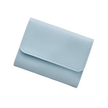 Imagem de Carteira feminina com três dobras, pequenas e simples, de couro PU, carteira fina para mulheres, com 4 compartimentos para cartão, 1 janela para identidade, Azul, Simples