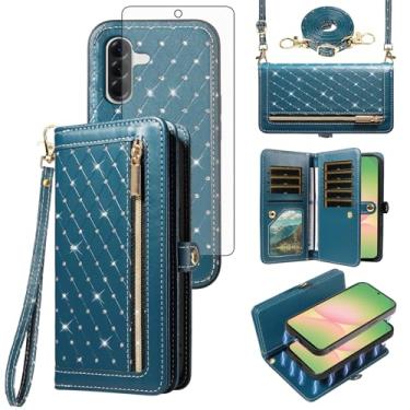 Imagem de Capa de telefone para Samsung Galaxy A36 5G carteira com zíper destacável capa magnética protetora de tela transversal alça de cordão bling glitter flip porta-cartão de crédito slots A 36 36A mulheres