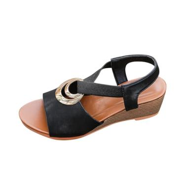 Imagem de Sandália feminina casual primavera verão confortável fivela de metal decorada boca de peixe bico aberto tira elástica inferior grossa, ideal para uso versátil, Preto, 39