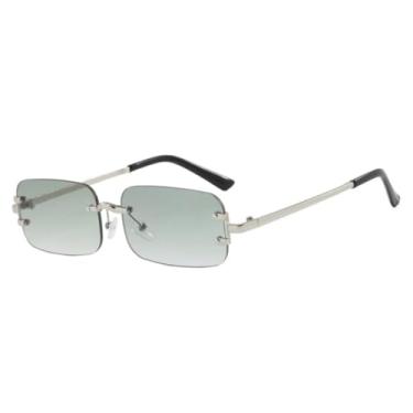 Imagem de HPIRME Óculos de sol de luxo, modernos, retangulares, sem aro, com hastes de metal, para dirigir, unissex, em vidro, com proteção UV400 (prateado e verde).