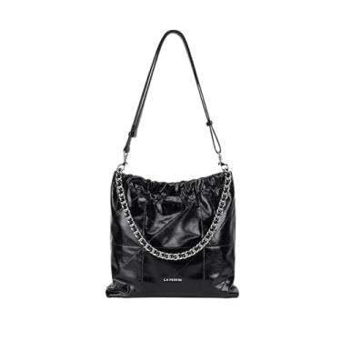Imagem de LA FESTIN Bolsa de couro feminina elegante com alça de corrente, bolsa moderna macia para trabalho preta