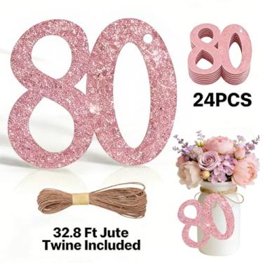 Imagem de ALISSAR 24 peças de etiquetas com 80 números em ouro rosa com barbante de juta de 80 metros para decorações de 80 anos, kit de decoração de festa de 80 anos, decoração de pote de pedreiro, embrulho de
