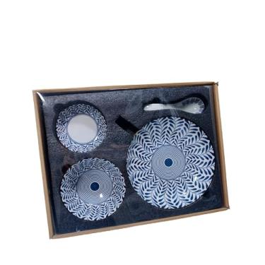 Imagem de WF Conjuntos de louça de cerâmica, 4 peças, porcelana azul e branca chinesa, pratos, tigela, colher, lavável na máquina de lavar louça, micro-ondas, cor vintage azul