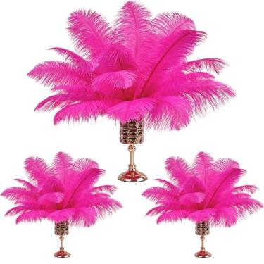 Imagem de THARAHT Penas de avestruz 90 peças de grande volume natural para vaso artesanato festa de casamento centros de mesa decoração de árvore de Natal penas, rosa choque